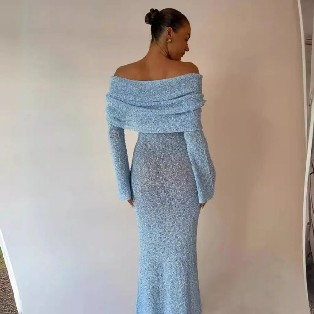 Bonnyshow Sexy See Through Knitted Beach Dress Women Fashion Hollow Out Slim Holiday Party Dresses Autumn Off The Shoulder Bikini Cover Up Cowl Neckline Elegant