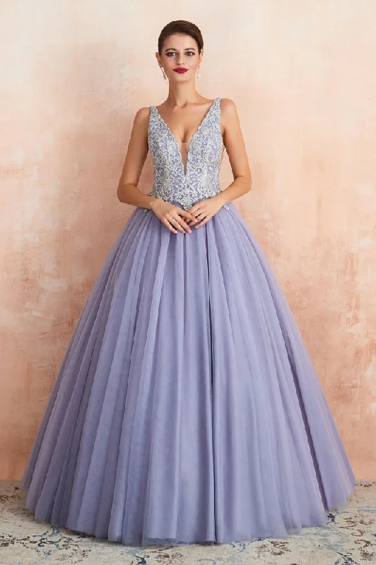 Sparkly Double V-Neck Aline Ball Gown Crystals Tulle Floor Length Party Dress Off-the-shoulder Bohemian Festive