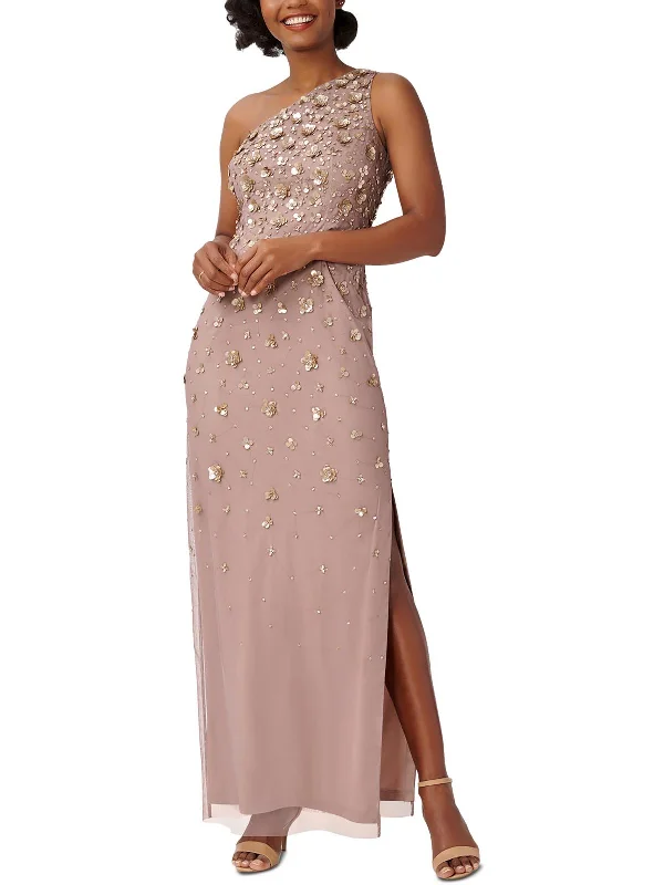 Womens Mesh Embellished Evening Dress Crew Neckline Casual
