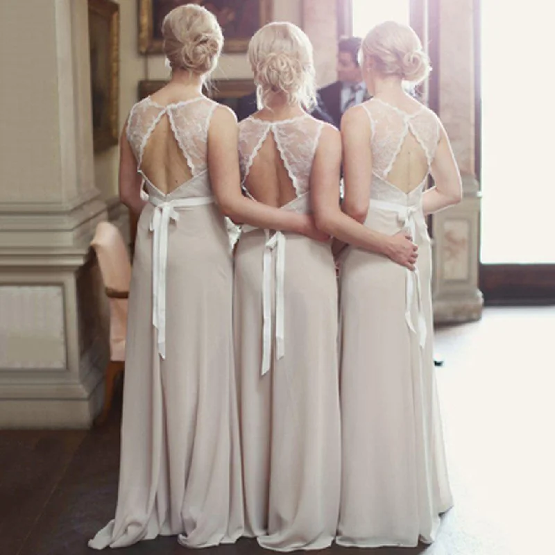 Charming Open Back Lace Top Illusion Cheap Long Wedding Party Dress Gown Bridesmaid Dresses, WG039 Tunics Summer linen