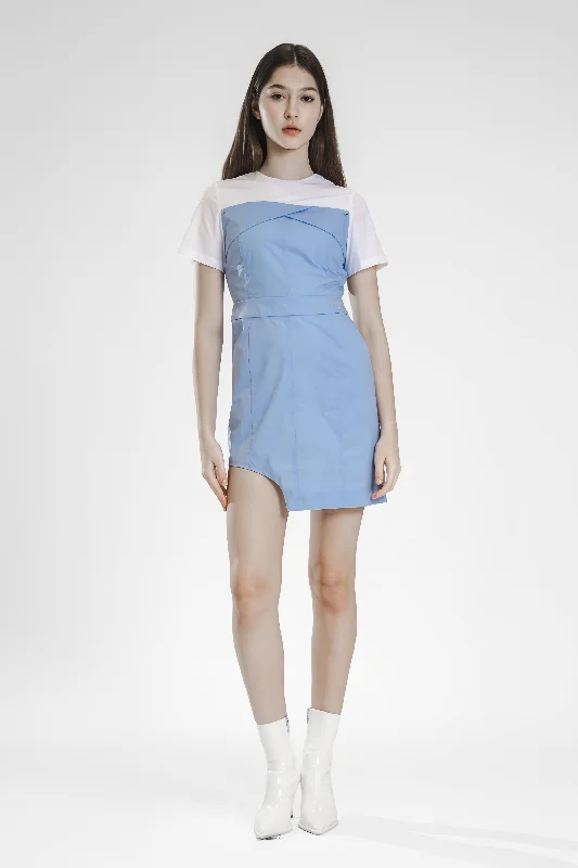 ICE BLUE / BLACK / BRIGHT WHITE COTTON STATEMENT MID-LENGTH DRESS Tunics Versatile functional