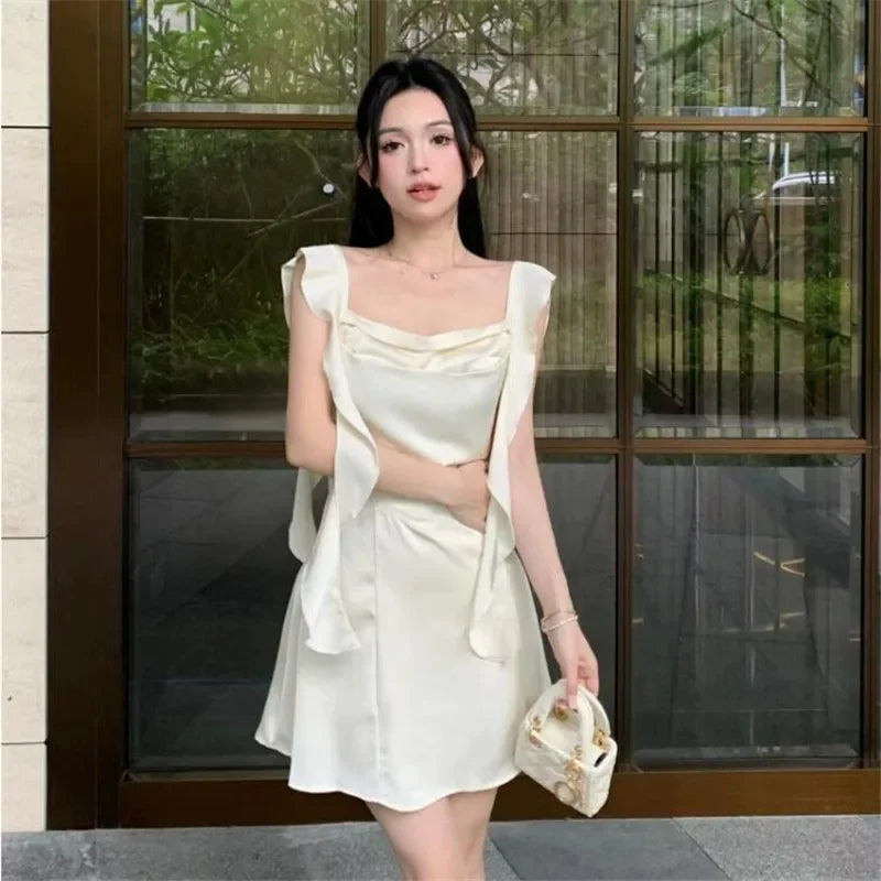 TAVIMART  -  Fashion Little Apricot Mini Satin Skirt New Spring Summer Elegant A Line Dress Sleeveless Square Collar Slim Party Dress Tunics Fleece cozy