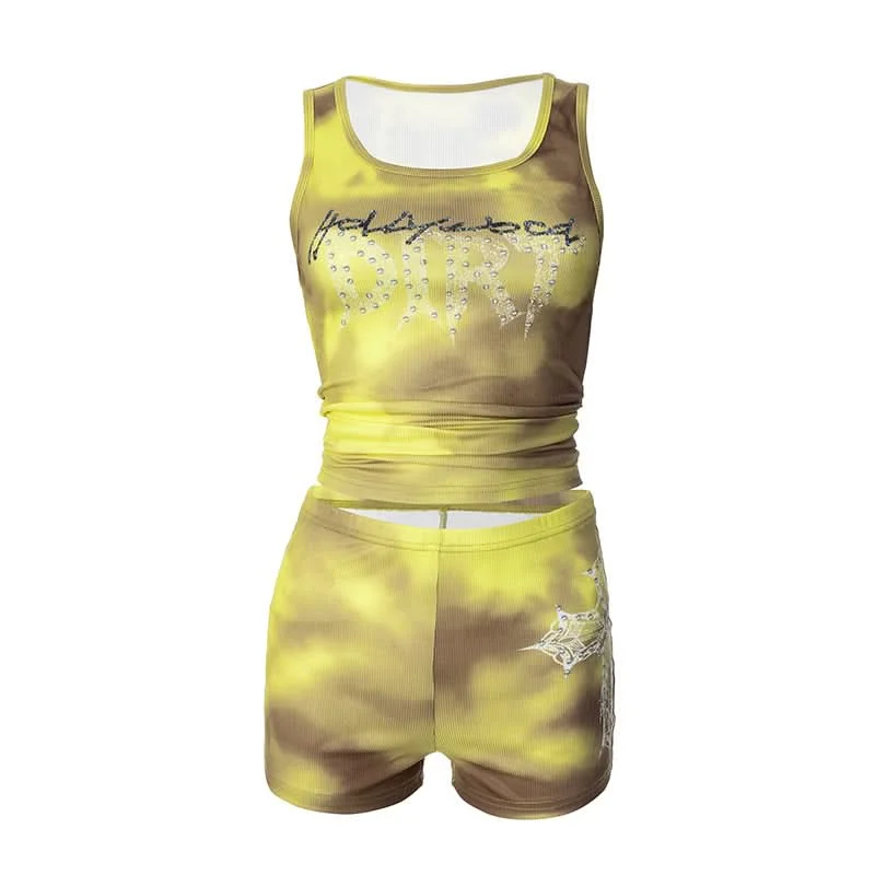 U neck contrast cross print short pant set Lightweight Jogger Pants