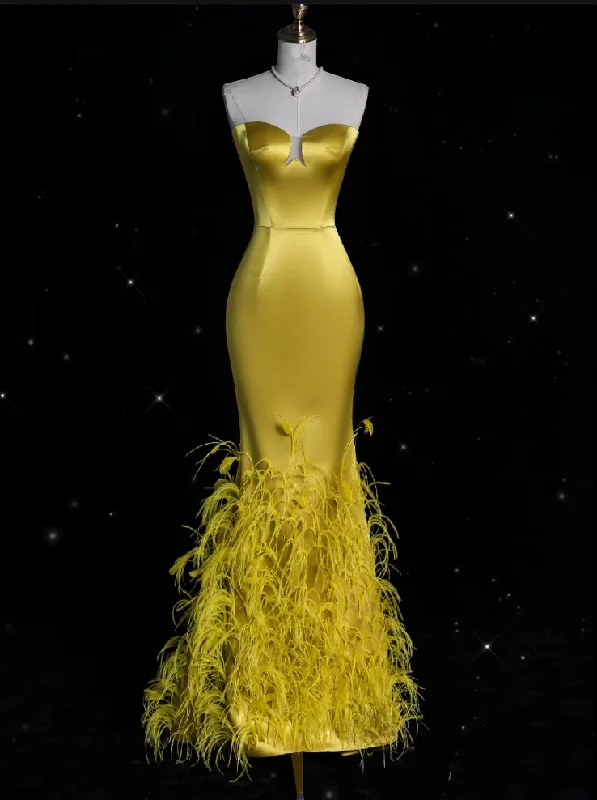 Bonnyshow Modest Mermaid Strapless Yellow Satin Party Dress Long Prom Dress Evening Dresses SD1849 Boatneck Modish Everyday