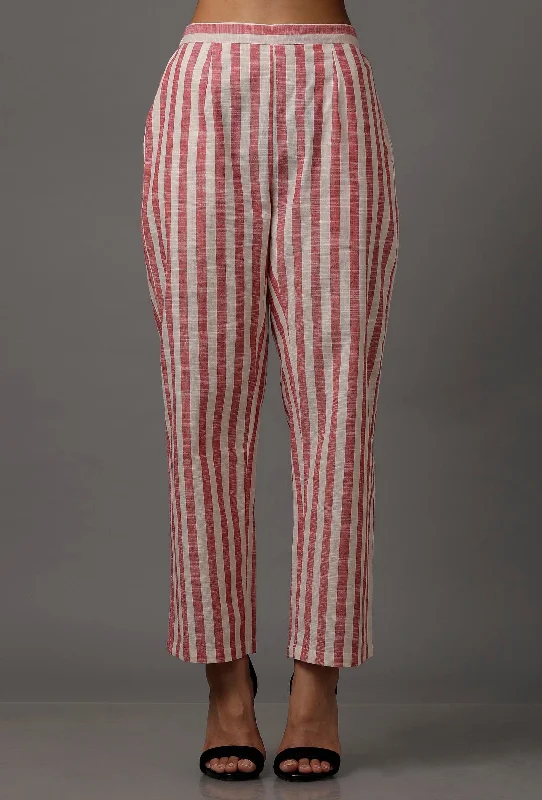 Peach  Red and White Stripes Pure Woven Cotton Pants Stylish Elastic Waist Pants