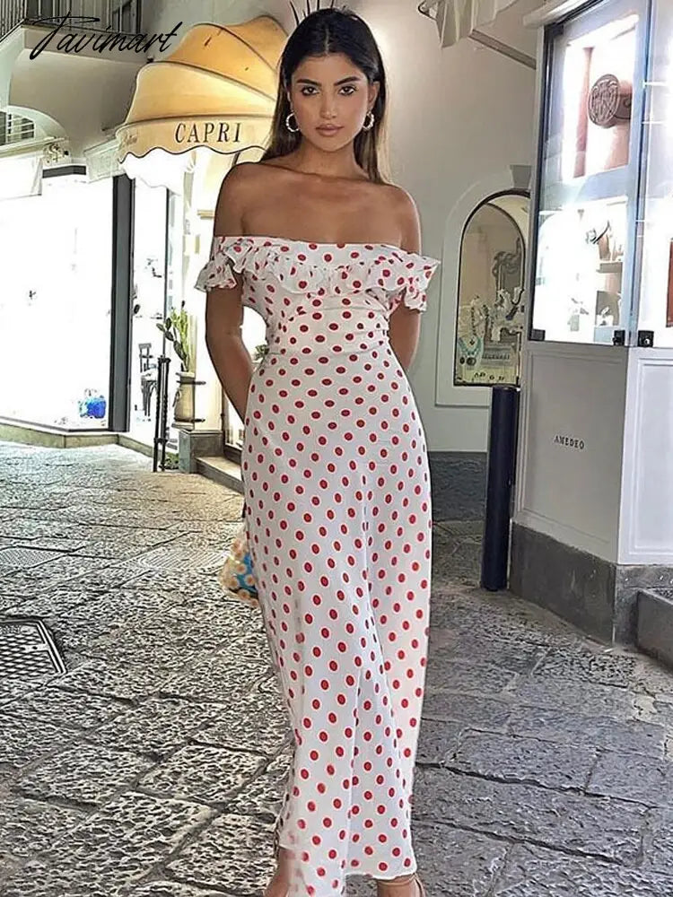 Tavimart Women's Summer Polka Dot Printed A-Line Dress Sexy one word neckline dresses Ruffled Vintage Dresses Home Party Dresses y2k Shift Classic Vintage