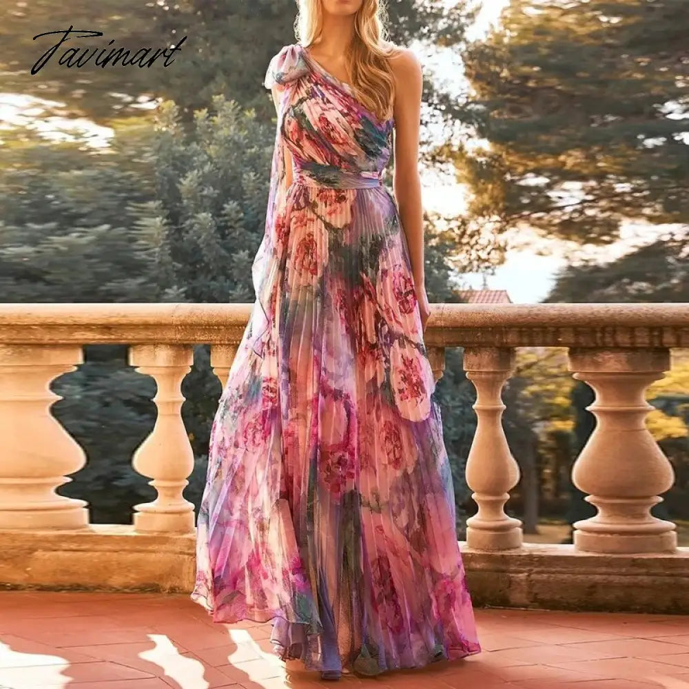 Tavimart Vintage Flower Print Long Dress Women Fashion Diagonal Collar Lace-up Backless Party Dress Ladies Temperament Slim Pleated Dress Pleated Skirt Elegant