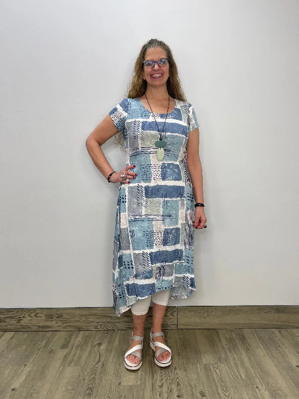 Blue and Green Blocks Cap Sleeve Full Length Dress Tunics Corduroy durable