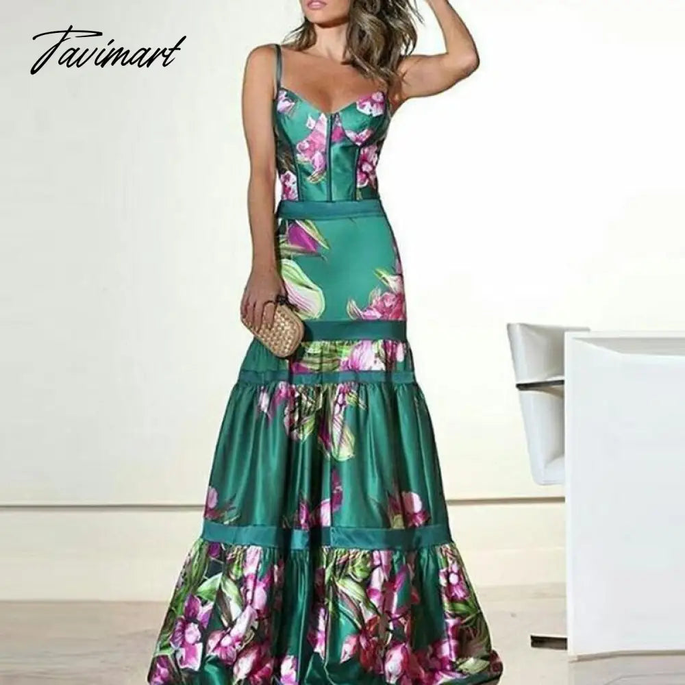 Tavimart Elegant Floral Printed Summer Women Sling Party Dress Vintage Sleeveless Patchwork A-Line Lady Dress Sexy Femme Holidays Vestido Chiffon Maxi Beach
