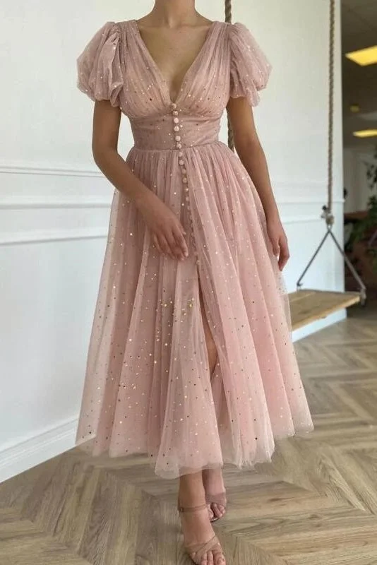 Dusty Rose Calf Length Wedding Guest Dress Cocktail Party Dress Cowl Neckline Elegant