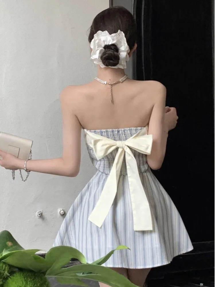 TAVIMART  -  Elegant Y2K Strapless Mini Dresses for Women Bow Patchwork A-line Birthday Party Dress Korean Fashion Prom Short Vestidos Mujer empire Waist empire