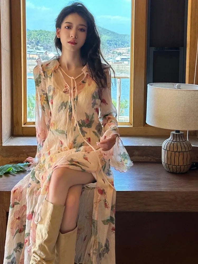 Bonnyshow Women Vintage Print Chiffon Long Fairy Dress with Inner Dress robe ete luxury party dresses vestiti da sposa wedding Dress Tunics Chic fashionable