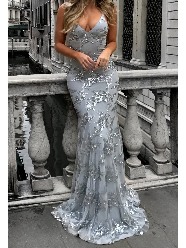 Sequin V Neck Spaghetti Strap Evening Party Dress Mermaid Tail Wedding