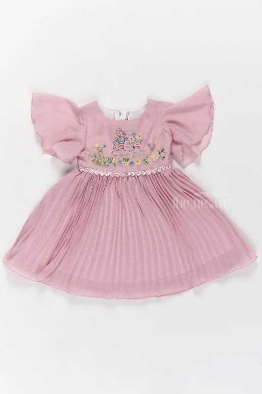 Lovely Pink Fancy Party Wear Dress for Girls with Delicate Embroidery and Puff Sleeves Tunics Exclusive limited
