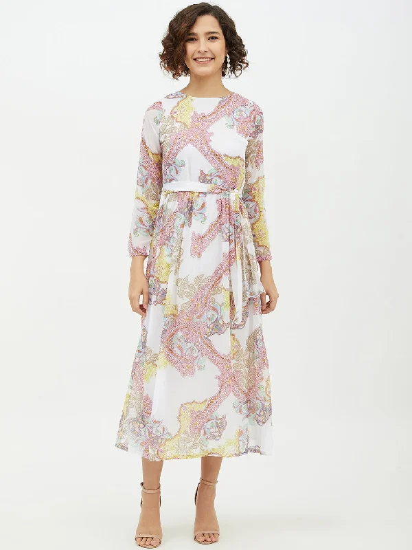 Women's Multi coloured Printed Long dress - StyleStone Boat Neckline Classic