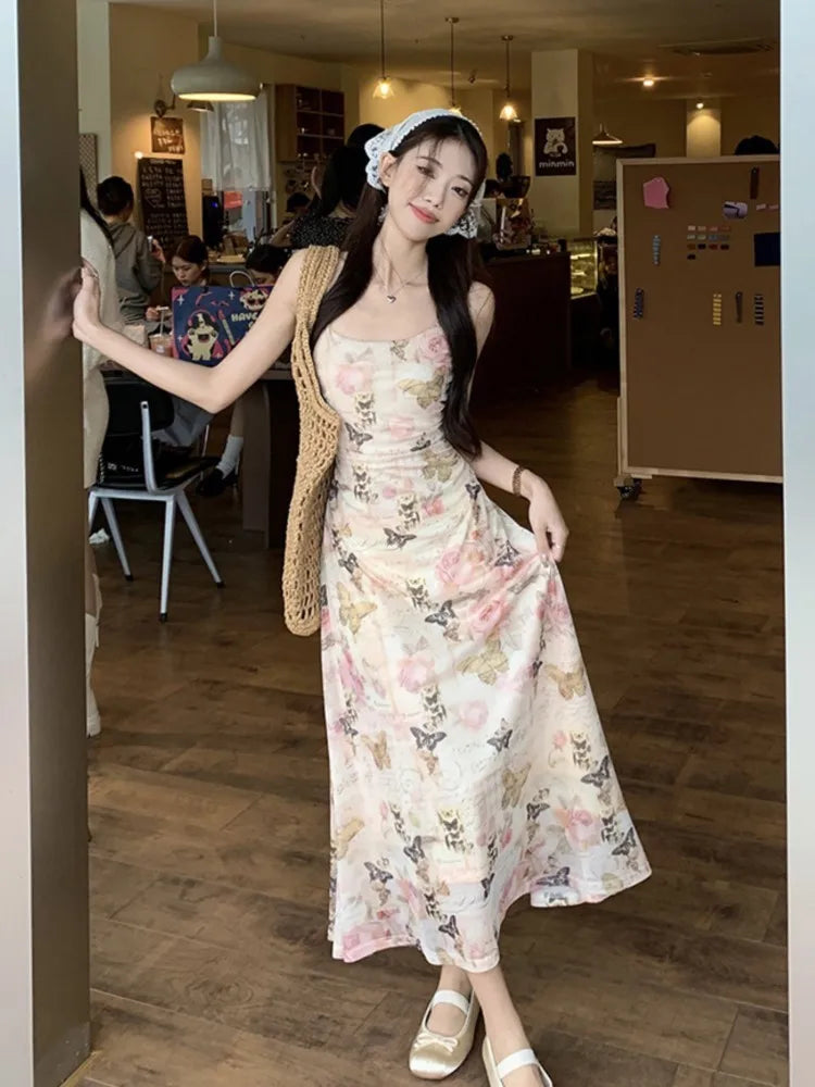 Bonnyshow Fashion Sexy Spaghetti Strap Floral Print Long Dress Women   Summer Backless Evening Party Dress Vintage Holiday Fairy Dress Tunics Stylish elegant