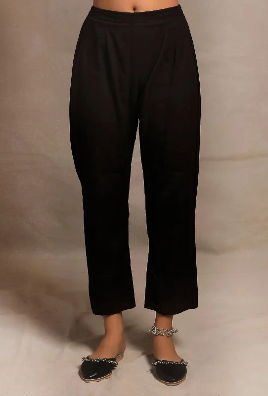 Black Straight Fit Flex Cotton Pants Trendy Wide-Legged Trousers