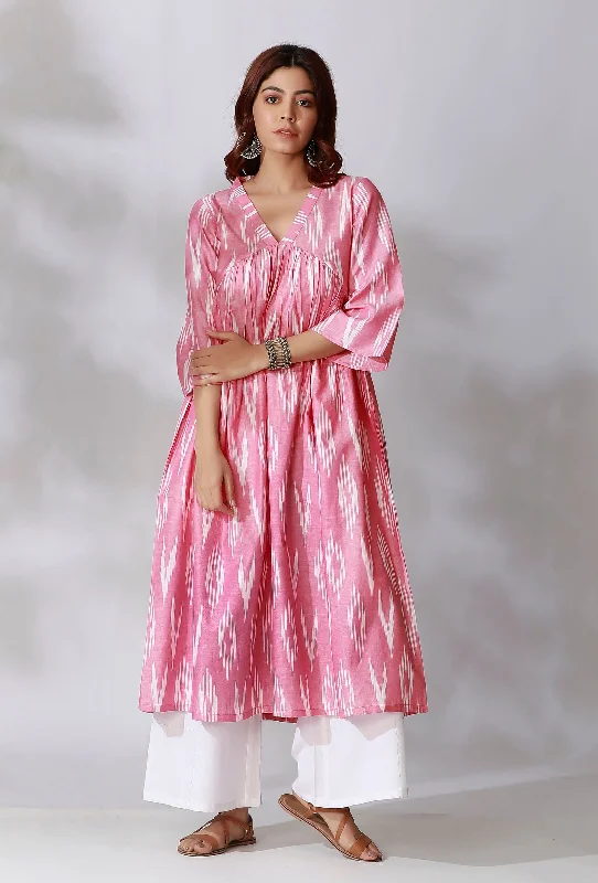 Set Of 2- Pink Ikkat Gathered Kurta with White Cotton Pants With Pockets High-Waist Yoga Pants