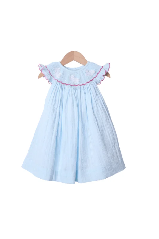 Smocked Linen Bunny Bishop Dress Crew Neckline Casual