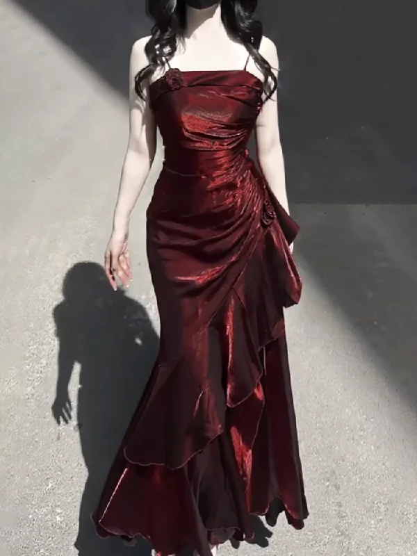 Bonnyshow Vintage High Low Spaghetti Straps Burgundy Long Party Dresses Birthday Outfits SD451 Tunics Gym athletic