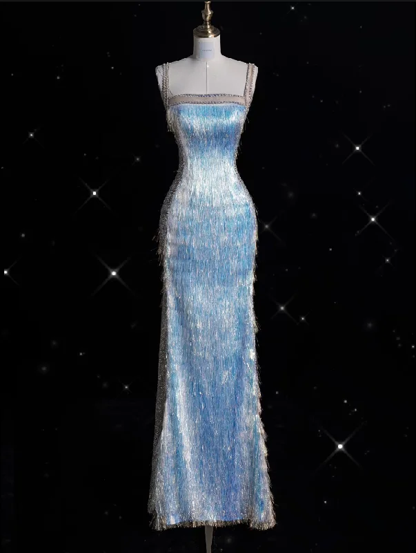 Bonnyshow Modest Mermaid Straps Sequin Blue Party Dress Long Prom Dress Evening Dresses With Tassel SD1857 Tunics Trousers formal