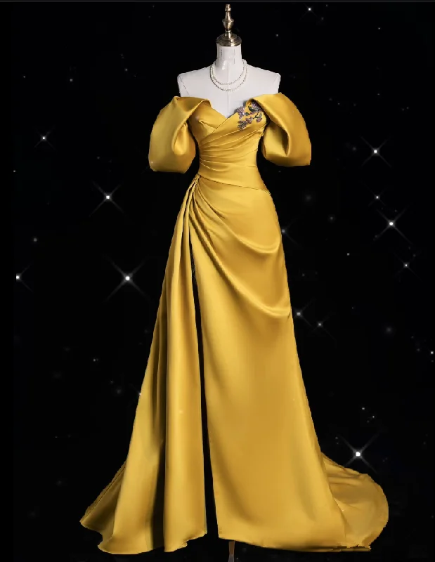 Bonnyshow Modest A line Off The Shoulder Yellow Satin Party Dress Long Prom Dress Evening Dresses SD1848 Off-the-shoulder Bohemian Festive