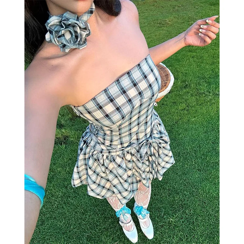 Bonnyshow Blue Plaid Mini Dress Women Sexy Backless Bodycon Strapless Dresses Summer Fashion Vintage Pleated Party Dress 2024 Y2K Outfits Satin Halter Glamorous