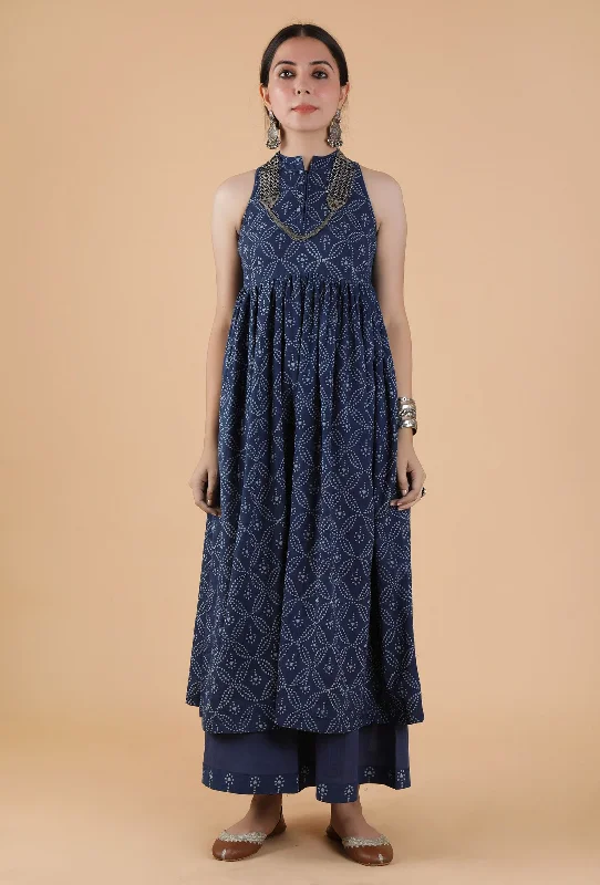 Set Of 2:Eesha Indigo Jaal Print Bandhgala Kurta Dress & Kalidar Palazzo Pants Fashionable Sporty Pants