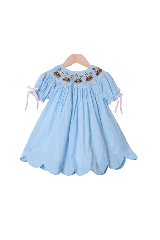 Smocked Sweet Bunny Blue Swiss Dot Dress Crew Neckline Casual