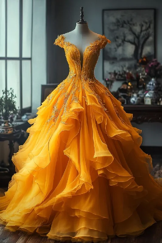Bonnyshow Aesthetic Ball Gown Off The Shoulder Yellow Tulle Party Dress Long Prom Dresses Evening Dresses SD1784 Tunics Evening elegant