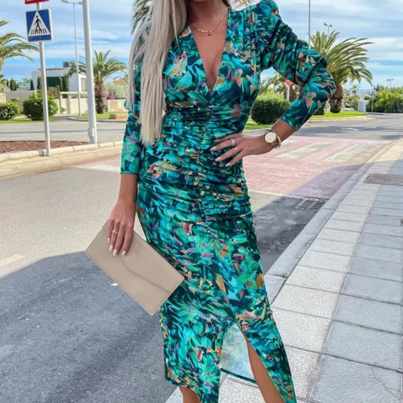 TAVIMART  -  Women Sexy Floral Print Bohemian Long Dress Spring Deep V-neck Slim Bodycon Party Dress Autumn Puff Sleeve Front Slit Maxi Dress Tunics Trousers formal