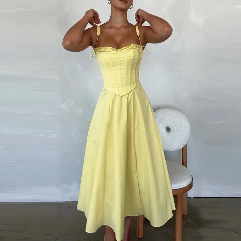 TAVIMART  -  Boho Inspired Yellow Cotton Midi Dress Women Corset Sexy Summer Dress Fish Boned Slim Fit Strapless Elegant Party Dresses Ladies Tunics Running lightweight