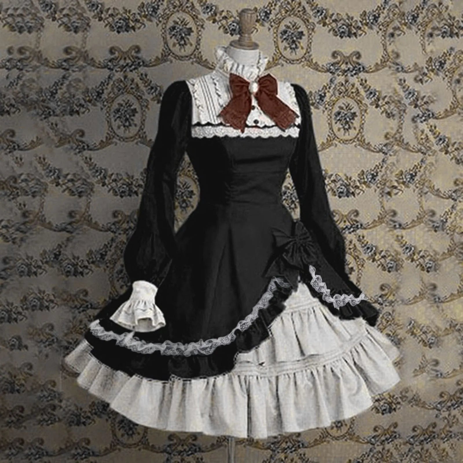 Bonnyshow Gothic Lolita Dress Cosplay Maid Medieval Retro Punk Bow Ruffle Lace Patchwork Big Swing A-Line Party Dress Preppy Style Dresses Peplum Ruffle Cocktail