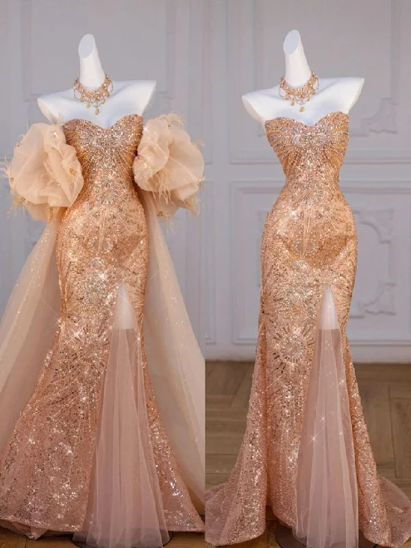 Bonnyshow Classy Mermaid Off The Shoulder Slit Sequin Long Party Dress Prom Dresses SD1815 Tunics Office stylish