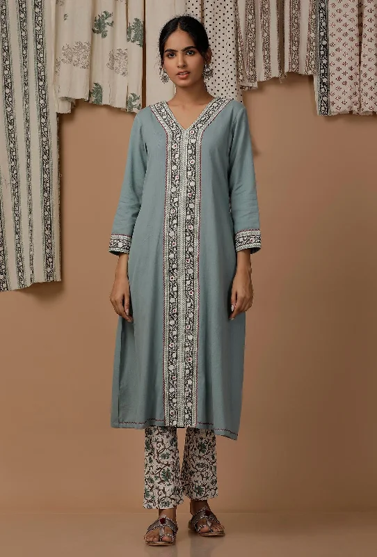 Set of 2: Pastel Blue Handblock Cotton Flex Kurta and Pants Stylish Paperbag Waist Pants