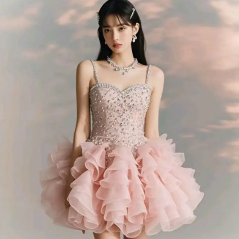 TAVIMART  -  New Sleeveless Birthday Princess Party Dress for Girls Sweet High Waist Slimming A-line Rufffle Puffy Strap Mini Dress for Women Tunics Chinos classic