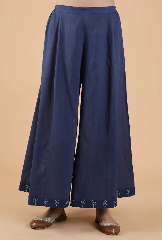 Aadhila Indigo Solid Blue Flared Kalidar Palazzo Pants With Print Border Classic Straight Pants