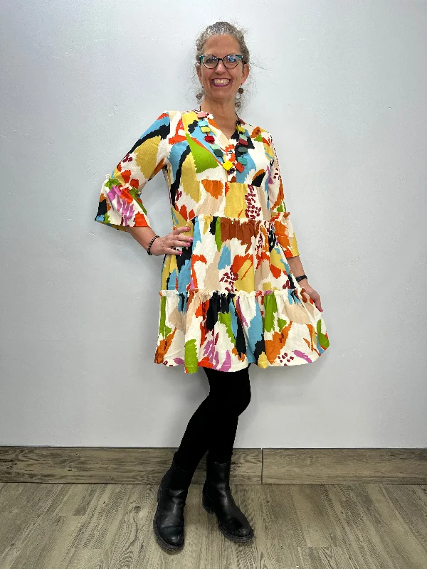 Splash Print Tiered 3/4 Bubble Sleve V-Neck Dress Boatneck Modish Everyday