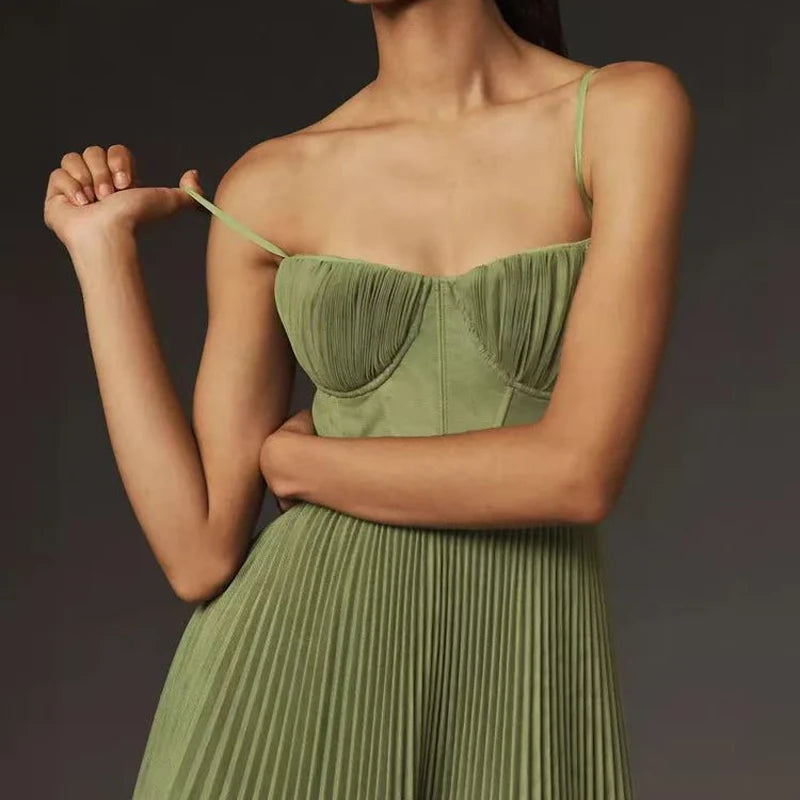 TAVIMART  -  Vestidos Sexy Strapless Hollow Pleated Dresses Women Spring Solid High Waist Long Dress Summer Backless Zipper Sling Party Dress Tunics Top Casual