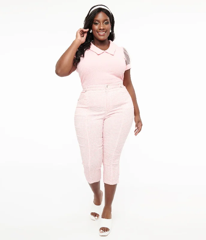 Smak Parlour Plus Size Pink & White Gingham Capri Pants Relaxed Fit Trousers