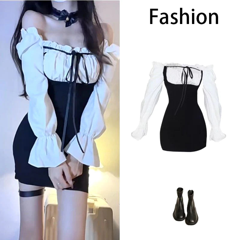 Bonnyshow  Sexy Fake Two-piece Black Mini Dress  Summer New Women Bag Hip Long sleeve College Outfits Beach Club Party Dresses Tunics Winter warm