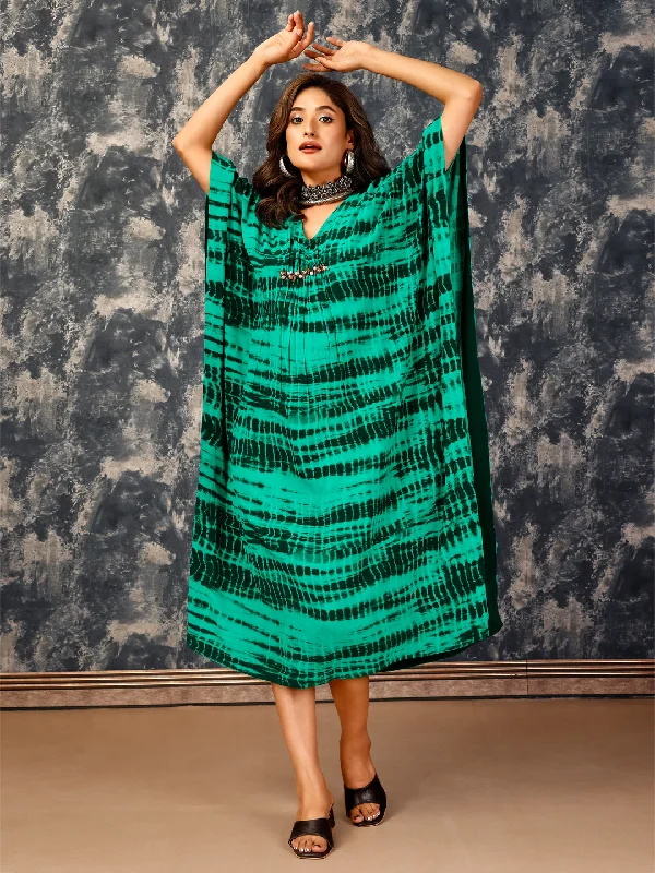 Women's Green Crepe Kaftan Styled Long Dress - Komarri Tunics Plaid country