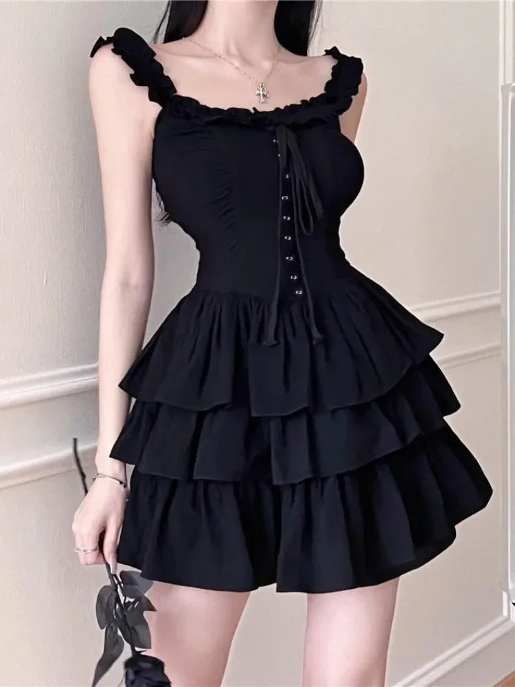 Bonnyshow   Gothic Lolita Kawaii Slip Dress Soft Girl Goth Harajuku Off Shoulder Backless Sexy Black Ruffles Party Dresses Y2k Turtleneck Warm Winter