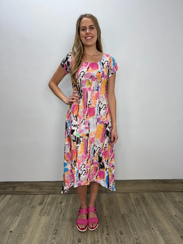 Pink and Orange Watercolor Blocks Cap Sleeve Full Length Dress Turtleneck Neckline Stylish