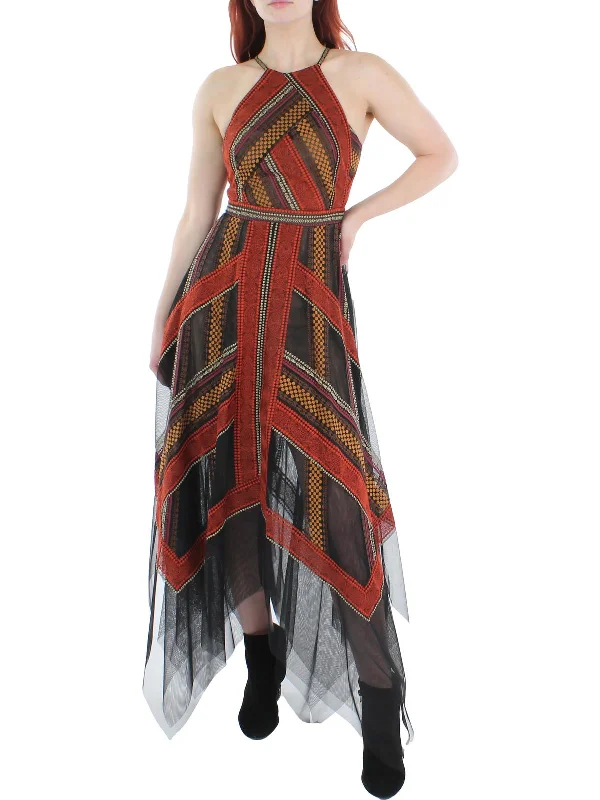 Womens Embroidered Maxi Evening Dress Cowl Neckline Elegant