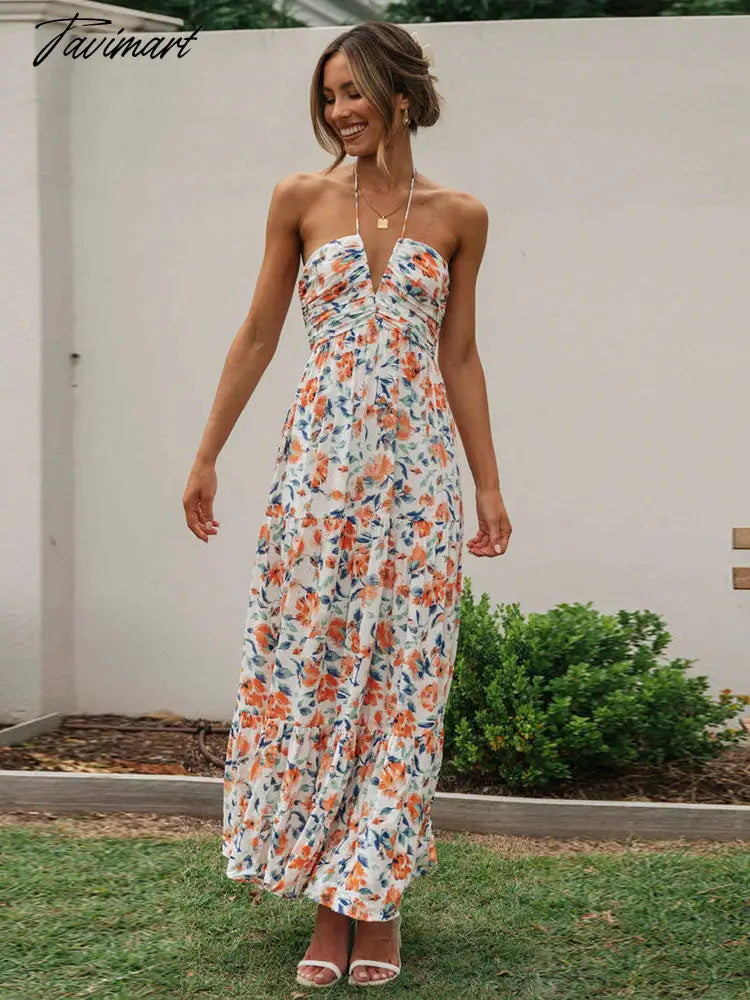 Tavimart Print Temperament Hanging Neck Lacing Splice Big Swing Long Dress For Women Sexy Backless Party Dresses A2685 Tunics Business professional