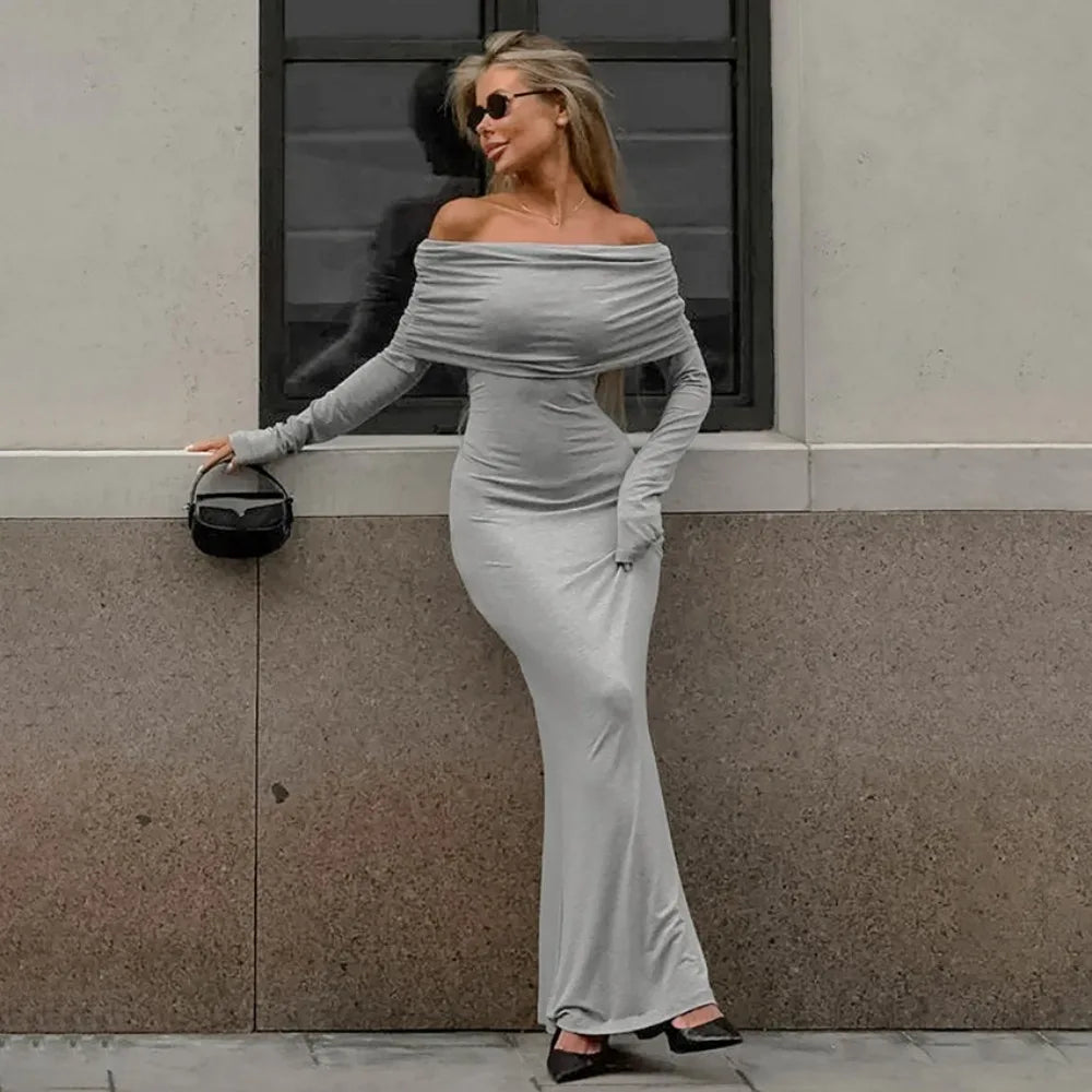 Bonnyshow Autumn Winter Maxi Dress Women Fashion Off The Shoulder Slim Evening Party Dresses Sexy Backless Long Sleeve Basic Dress 2024 Shift Classic Vintage