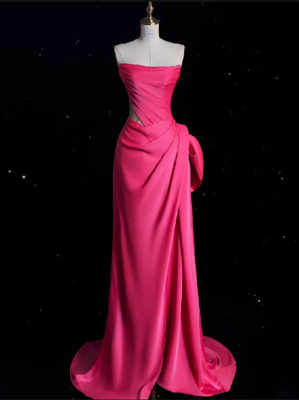 Bonnyshow Modest Mermaid Strapless Pink Satin Party Dress Long Prom Dress Evening Dresses SD1852 Shift Classic Vintage
