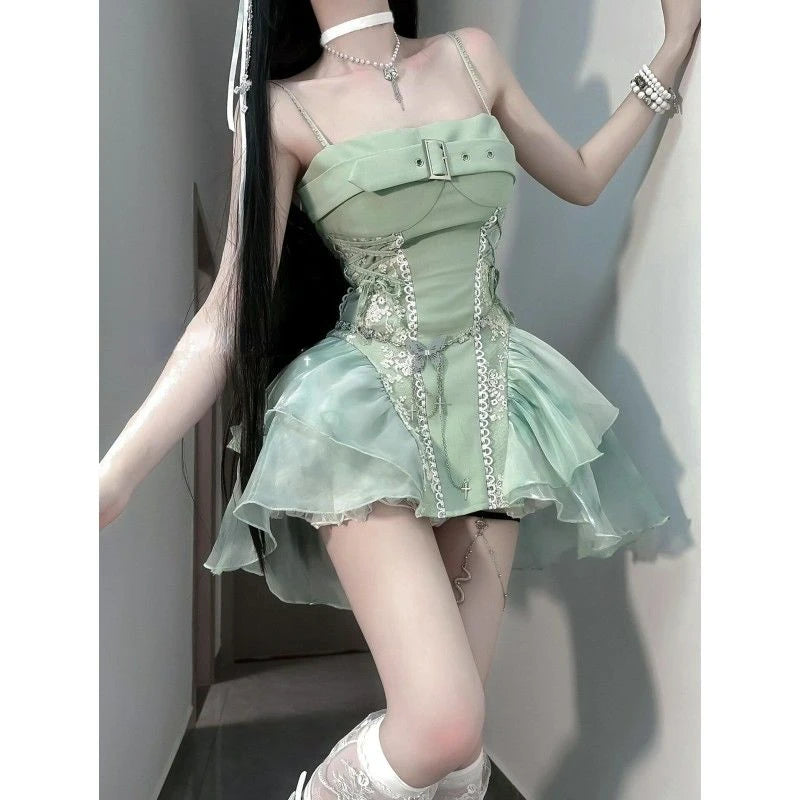 TAVIMART  -  Japanese Gothic Y2k Lolita Dress Women Sweet  Lace Patchwork Irregular Mesh Fairy Party Dresses Victorian Elegant Bandage Dress Tunics Solid Classic