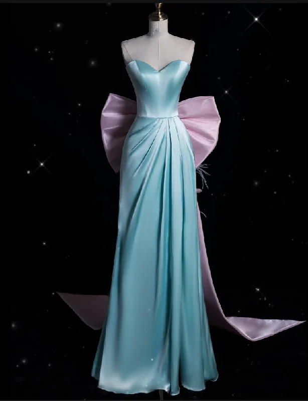 Bonnyshow Modest A Line Sweetheart Blue Satin Party Dress Long Prom Dress Evening Dresses SD1853 Tunics Long Elegant